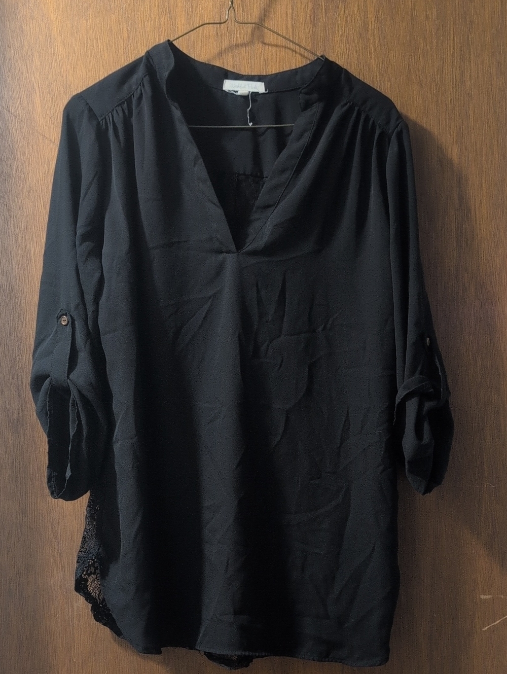 Wishful Park Black V-Neck Roll-Tab Tunic with Lace Back